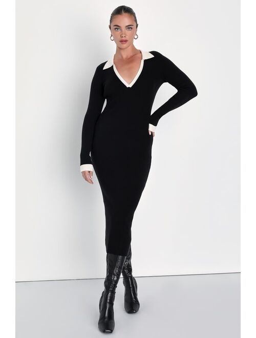 Lulus Successful Sophistication Black Color Block Midi Sweater Dress