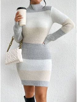 Priv Color Block Mock Neck Sweater Dress
