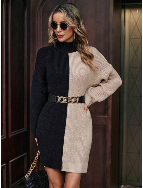SHEIN LUNE Two Tone Drop Shoulder Sweater Dress Without Belt