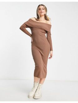 knitted bardot midi dress in tan
