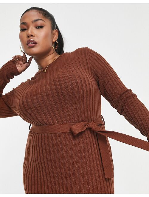 Brave Soul Plus eddie knit dress with slit in chocolate brown