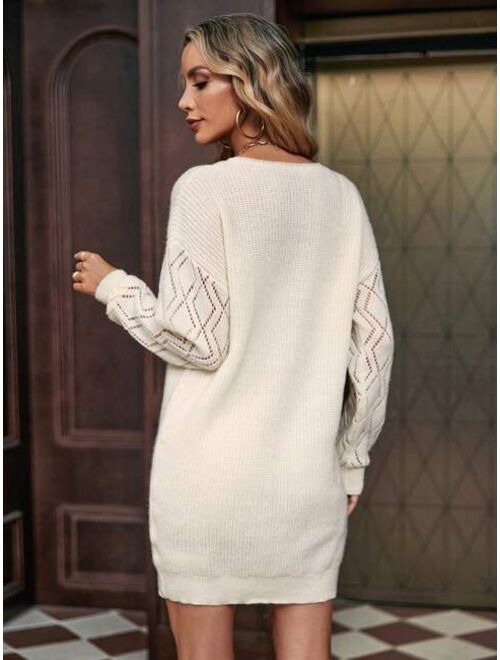 SHEIN LUNE Contrast Trim Drop Shoulder Pointelle Knit Sweater Dress Without Belt