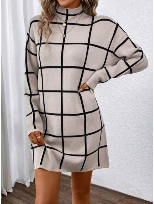 SHEIN Essnce Plaid Pattern Mock Neck Drop Shoulder Sweater Dress