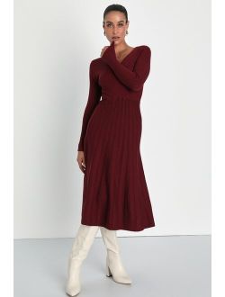 Cozy Inspiration Burgundy Ribbed Skater Midi Sweater Dress