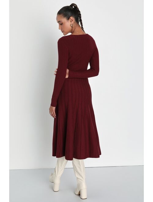 Lulus Cozy Inspiration Burgundy Ribbed Skater Midi Sweater Dress