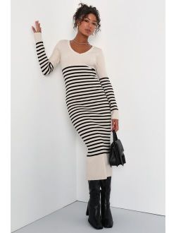 Upgraded Comfort Cream and Black Striped Midi Sweater Dress