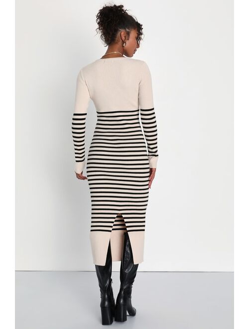 Lulus Upgraded Comfort Cream and Black Striped Midi Sweater Dress