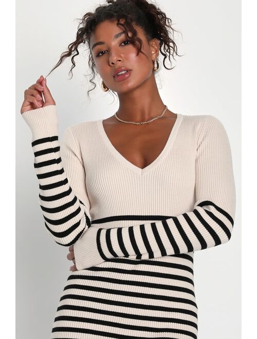 Lulus Upgraded Comfort Cream and Black Striped Midi Sweater Dress