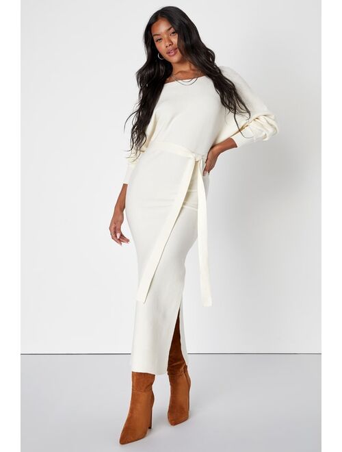 Lulus Cozy Captivation Ivory Ribbed Dolman Sleeve Midi Sweater Dress