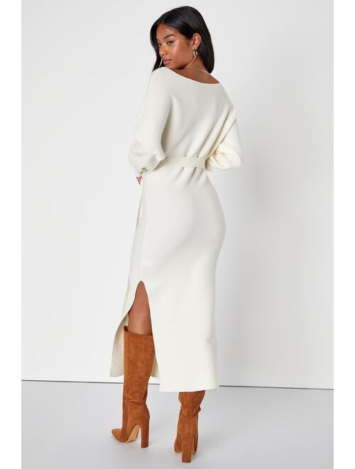 Lulus Cozy Captivation Ivory Ribbed Dolman Sleeve Midi Sweater Dress