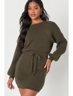 Flirting with Fall Olive Green Drawstring Mini Sweater Dress