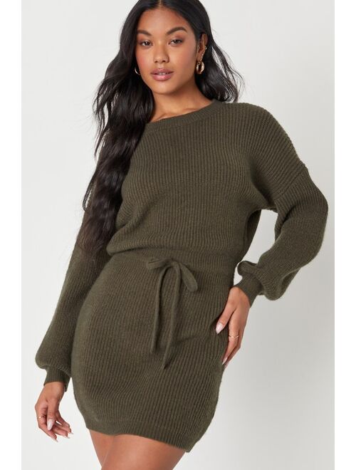 Lulus Flirting with Fall Olive Green Drawstring Mini Sweater Dress