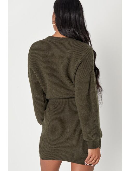 Lulus Flirting with Fall Olive Green Drawstring Mini Sweater Dress
