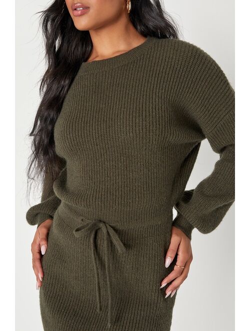 Lulus Flirting with Fall Olive Green Drawstring Mini Sweater Dress