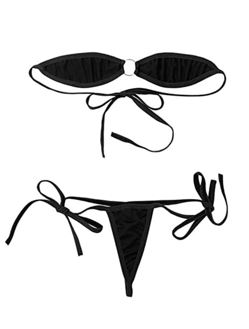 DeSeeni Women Strapless Bandeau Bikini Sets 2 Pieces Micro Thong Swimsuit Mini Bra Slingshot Bathing Suit