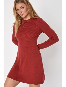Effortless Mornings Rust Orange Ribbed Knit Mini Sweater Dress