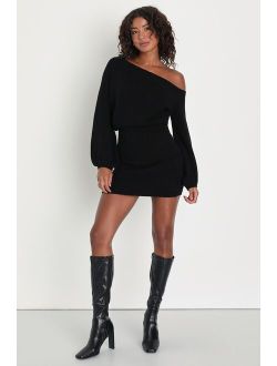 Plush Vibes Black Off-the-Shoulder Mini Sweater Dress
