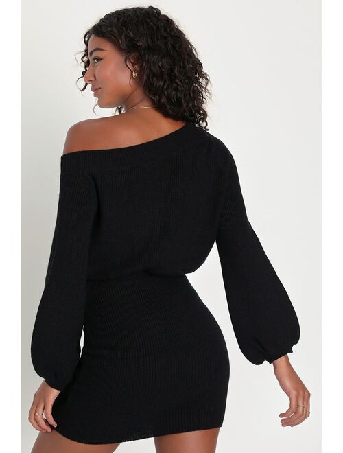 Lulus Plush Vibes Black Off-the-Shoulder Mini Sweater Dress
