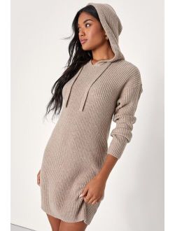 Snuggly Option Heather Taupe Hooded Mini Sweater Dress