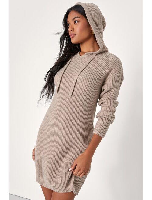 Lulus Snuggly Option Heather Taupe Hooded Mini Sweater Dress
