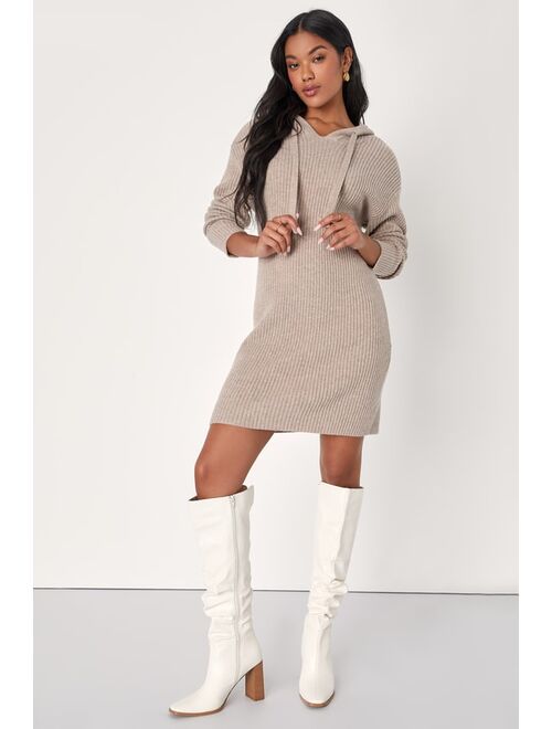 Lulus Snuggly Option Heather Taupe Hooded Mini Sweater Dress
