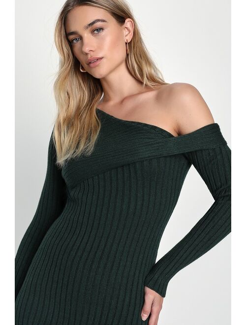 Lulus Fireside Sweetie Emerald Off-the-Shoulder Midi Sweater Dress