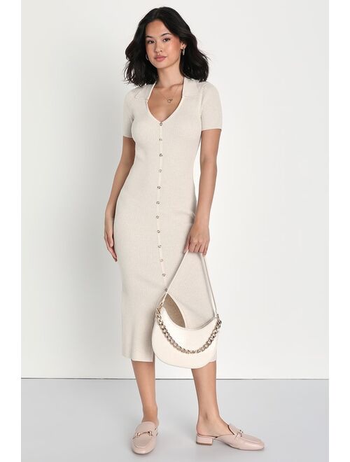 Lulus Excellent Energy Beige Ribbed Knit Collared Midi Dress