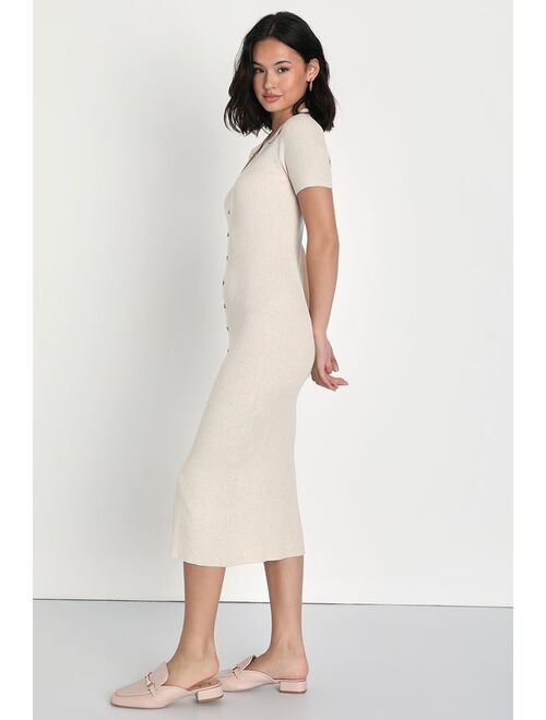 Lulus Excellent Energy Beige Ribbed Knit Collared Midi Dress