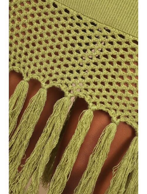 Lulus Sunny Festival Light Green Ribbed Knit Fringe Midi Dress