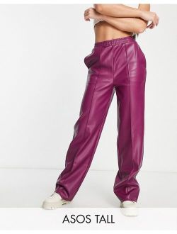 Tall straight faux leather jogger pants in plum