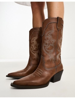 contrast topstitch cowboy boots in brown