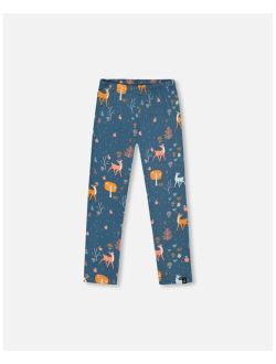 Girl Brushed Jersey Leggings Teal Blue Fawns And Apples Print - Toddler|Child