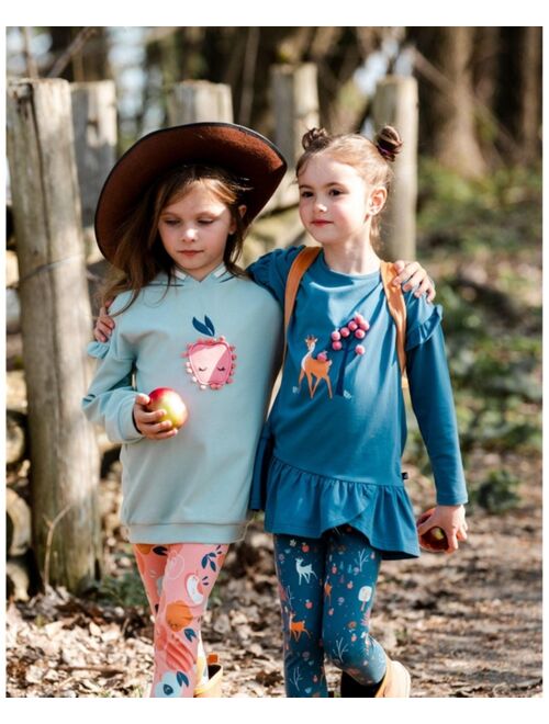 Deux par Deux Girl Brushed Jersey Leggings Teal Blue Fawns And Apples Print - Toddler|Child