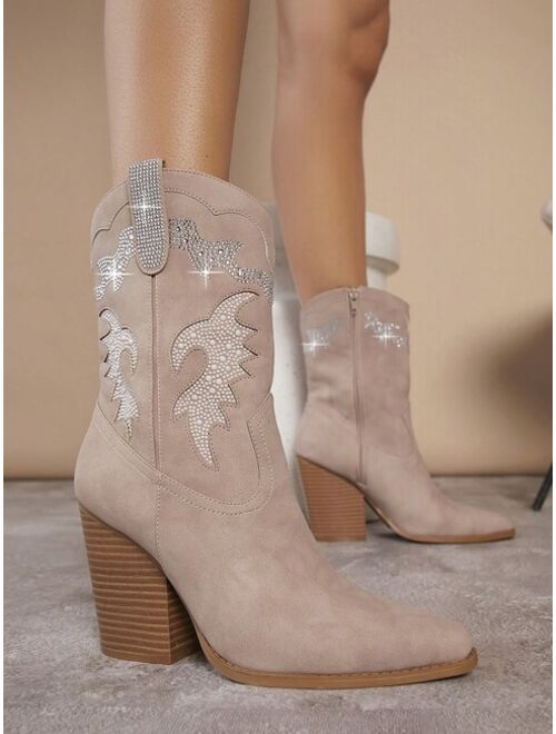 Shein Faux Suede Embroidered Detail Block Heel Boots