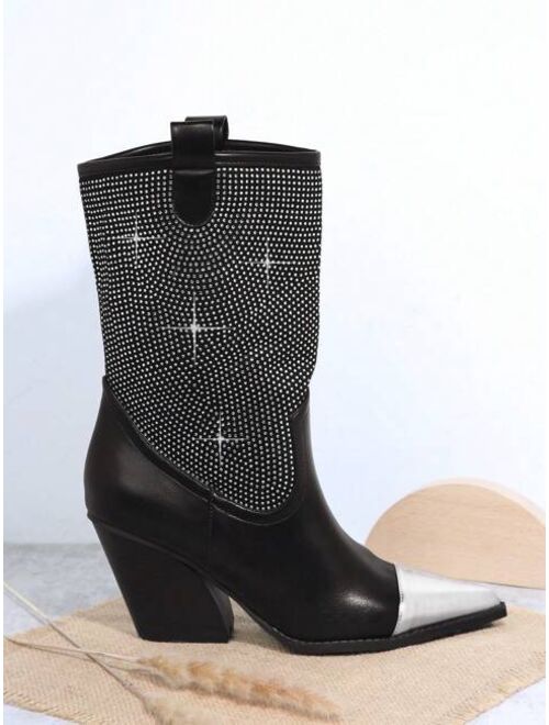 Shein Faux Leather Pointy Toe Block Heel Boots
