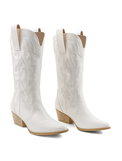 Zzheels Women Mid-calf Cowboy Boots Pointy Toe Boots Embroidered Western Cowgirl Boots Chunky Heels