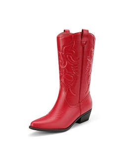 Women's Cowboy Boots Pull On Cowgirl Boots Mid Calf Western Boots