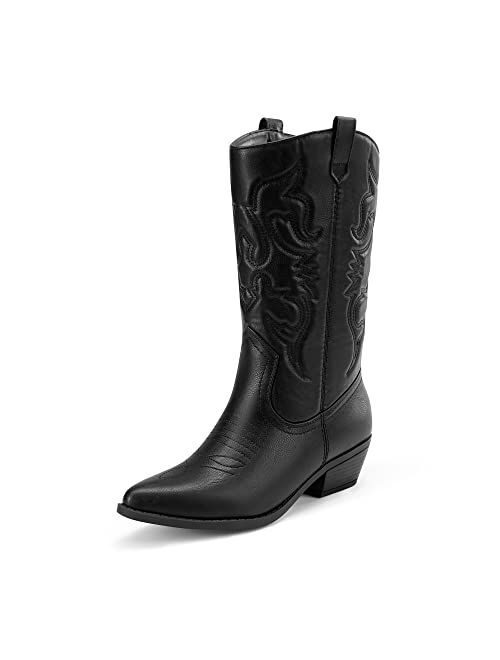 DREAM PAIRS Women's Cowboy Boots Pull On Cowgirl Boots Mid Calf Western Boots