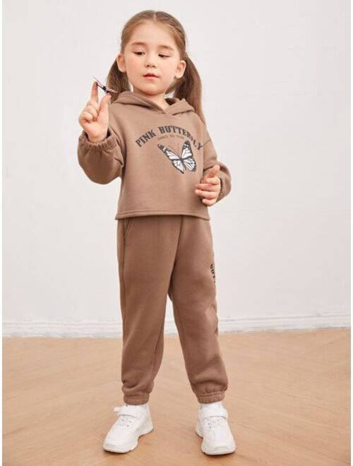 SHEIN Kids EVRYDAY Toddler Girls Slogan & Butterfly Print Drop Shoulder Hoodie & Sweatpants