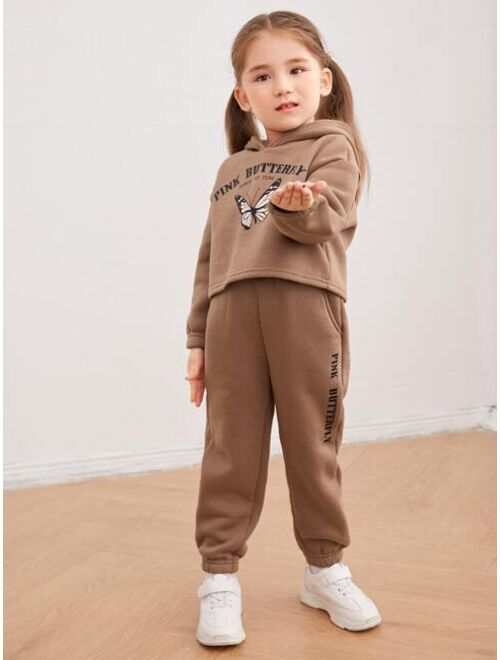 SHEIN Kids EVRYDAY Toddler Girls Slogan & Butterfly Print Drop Shoulder Hoodie & Sweatpants