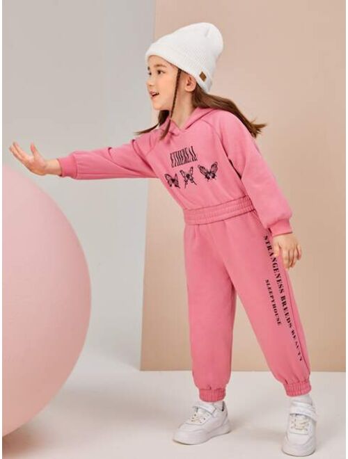 SHEIN Sleepyhouse Toddler Girls Slogan And Butterfly Print Drop Shoulder Hoodie & Sweatpants