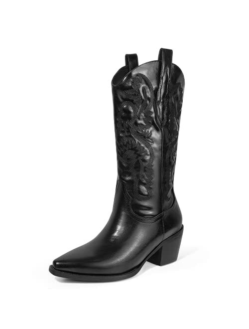 Bieosnli Women's Cowgirl Embroidered Mid-Calf Western Boots, Pointed Toe Medium Block Chunky Heel 6cm Stitching Pull On Cowboy Boots for Ladies