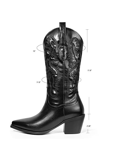 Bieosnli Women's Cowgirl Embroidered Mid-Calf Western Boots, Pointed Toe Medium Block Chunky Heel 6cm Stitching Pull On Cowboy Boots for Ladies