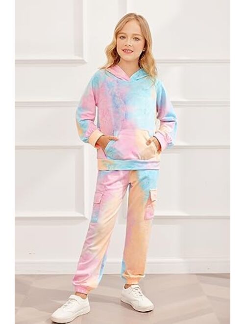 Arshiner 2 Piece Kids Girls Outfits Clothes Tie Dye Pant Sets Long Sleeve Crop Tops Sweatshirts and Sweatpants Tracksuit