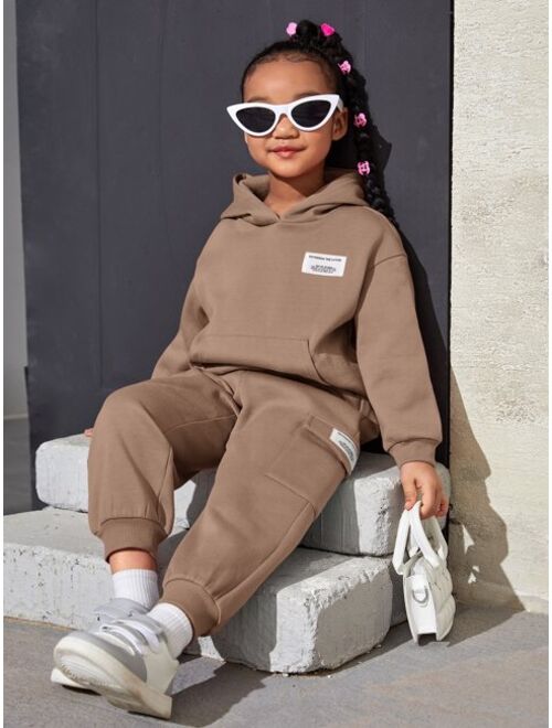 SHEIN Kids Cooltwn Toddler Girls Patched Detail Drop Shoulder Thermal Hoodie & Sweatpants