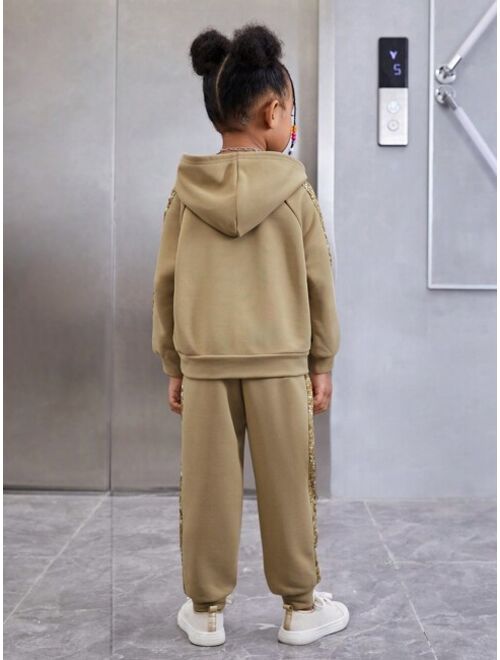 SHEIN Kids Cooltwn Young Girl Sequin Effect Raglan Sleeve Kangaroo Pocket Hoodie & Sweatpants