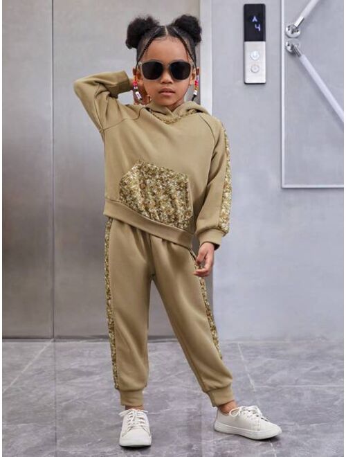 SHEIN Kids Cooltwn Young Girl Sequin Effect Raglan Sleeve Kangaroo Pocket Hoodie & Sweatpants