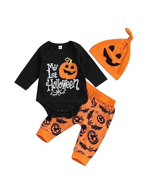 FYBITBO My First Halloween Baby Boy Girl Outfits Newborn Infant Cutest Pumpkin Romper Onesie Pants Hat Halloween Clothes Set