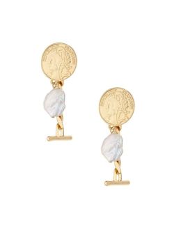 Gold-Plated Coin Drop Earrings with Freshwater Pearls