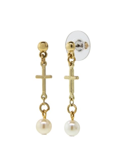 SYMBOLS OF FAITH 14K Gold Dipped Cross Drop Imitation Pearl Earrings